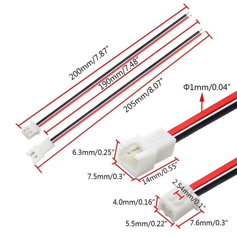 Hxchen JST XH2.54 2Pin Micro Female and Male Connection Plug with Red Black Terminal Connector Wire Cable 200mm - (10 Pairs) - Image 2